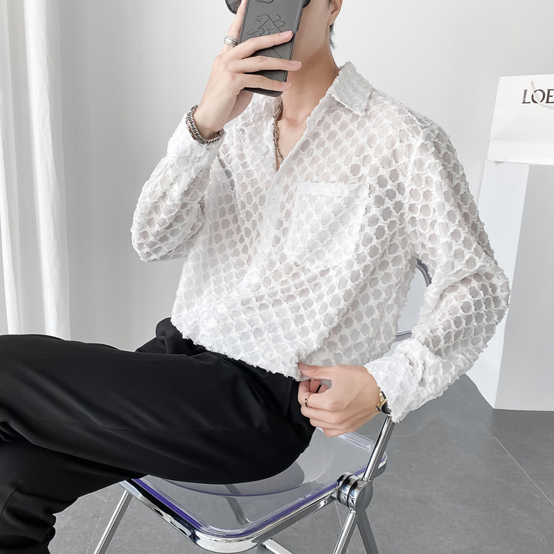 Camicia trasparente bianca nera camicia elegante da uomo della società di moda maschile camicia a quadri da uomo a maniche lunghe Casual allentata coreana: White / XL