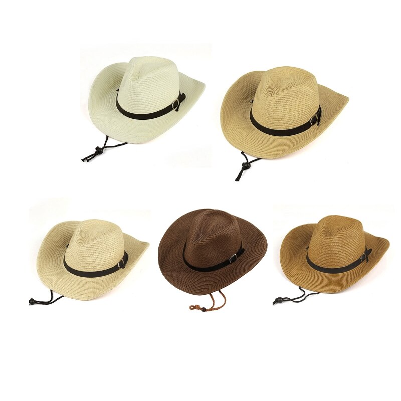 Western Cowboy Hat Simple Straw Hat with Windproof Rope &amp; Sweat Absorbent Inner Band All-match for Street Strolling