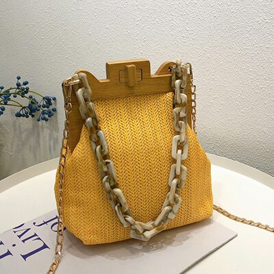 Moda palha tecer clipe de madeira saco de ombro das mulheres luxo acrílico corrente bolsa feminina designer pequena concha bolsa feminina nova