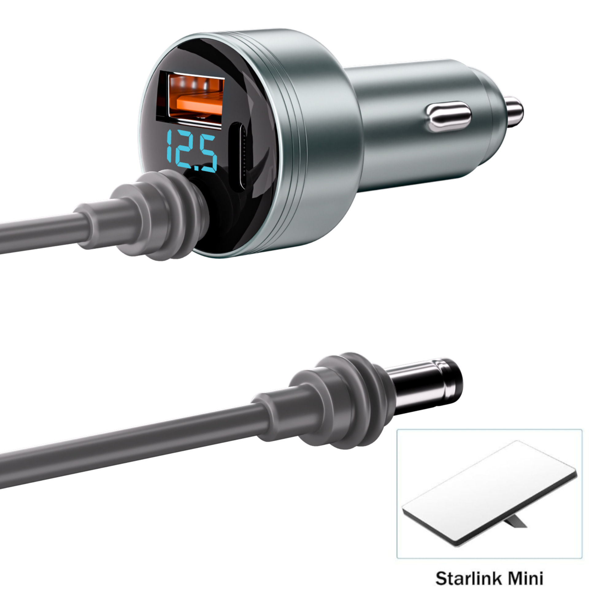Starlink mini carregador de carro digital carregador de bordo com dc 5521 USB-C qc 3.0 3 portas suporte pd carga rápida com cabo dc 16awg