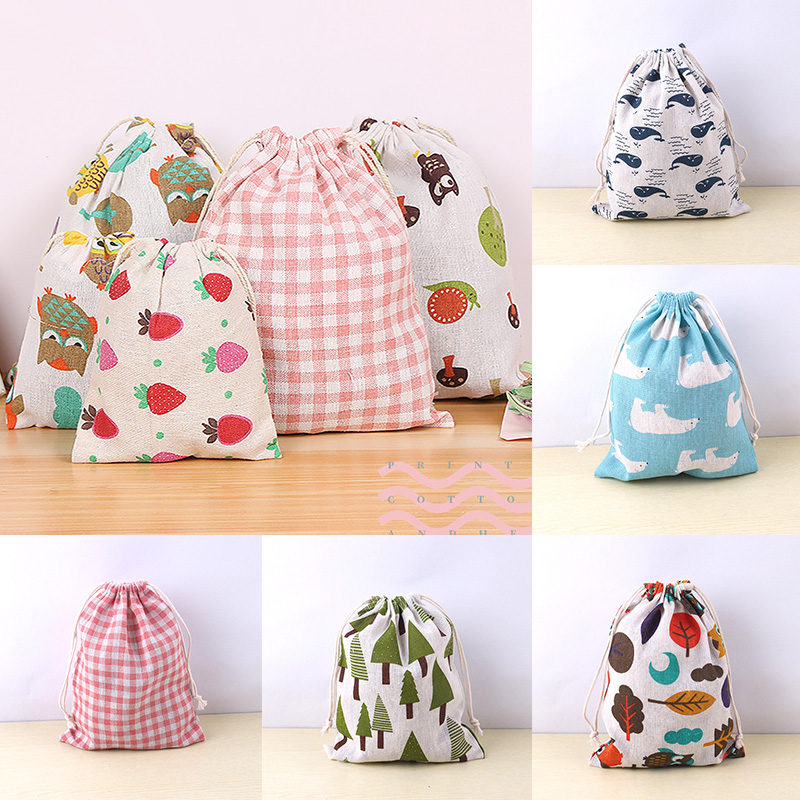 Bolsa de tela de lino y algodón, bolsa con cordón, estampado de plantas y animales bonitos, bolsa de almacenamiento de zapatos de tela de viaje para niños, estuche de maquillaje, bolsa de de Navidad