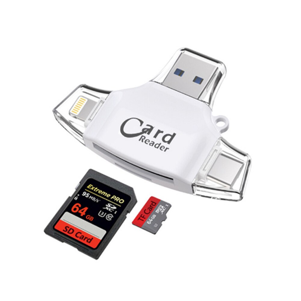 3.0 snelle 4-- poorts camera sd-kaart mini tf-kaartlezer type c micro sd mobiele telefoon computer otg-kaartlezer: Wit