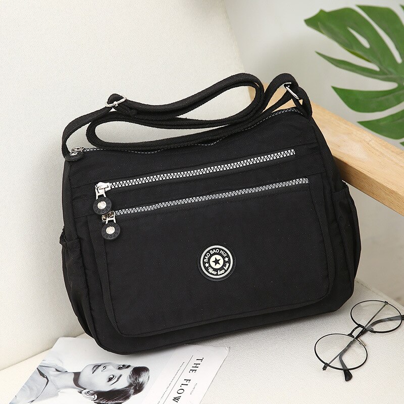Multi Pocket Handbag Waterproof Nylon Shoulder Bags Zipper Large Capacity Travel Female Crossbody Bags Female Multilayer: Black