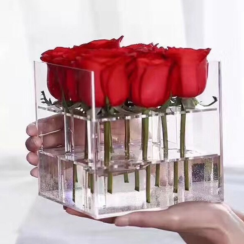 Acrylic Artificial Rose Flower Box Makeup Organizer Flower Bouquet Flower Box For Valentine's Day Wedding Decor Case