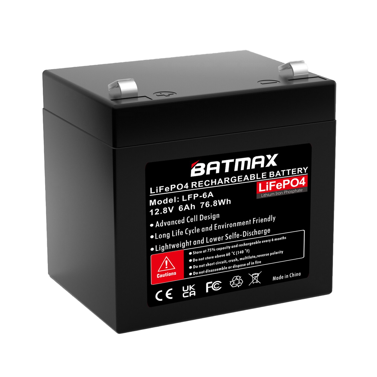 Batmax 12V 6A Lithium LiFePO4 Deep Cycle Rechargeable Battery for RV, Solar, Marine, Overland, Off-Grid Applications: black