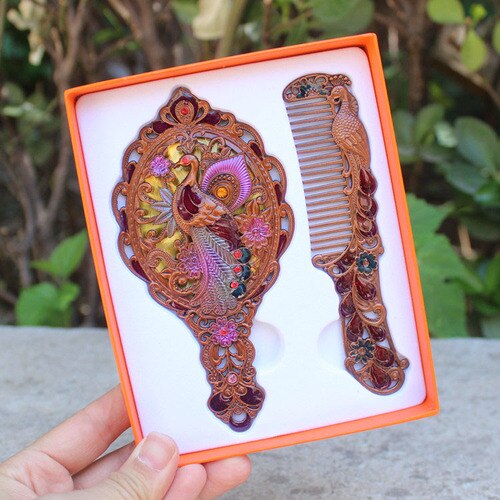 Travel retro makeup handle mirror comb set simple portable dormitory decor student mirror Peacock mirror LB41613: 3