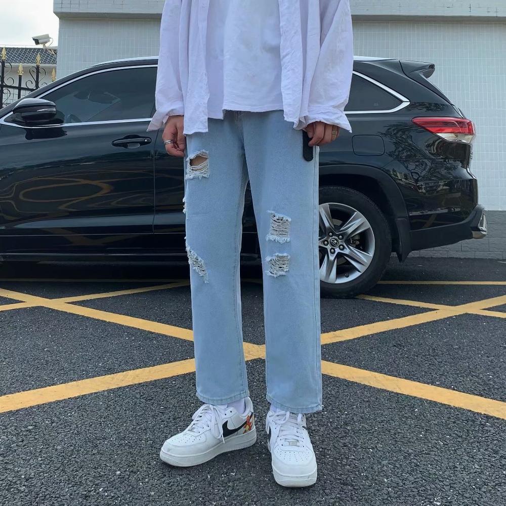 BXyichen pantalones vaqueros rasgados de tobillo para hombre estilo Regular recto estilo coreano de de pierna ancha azul claro pantalones largos
