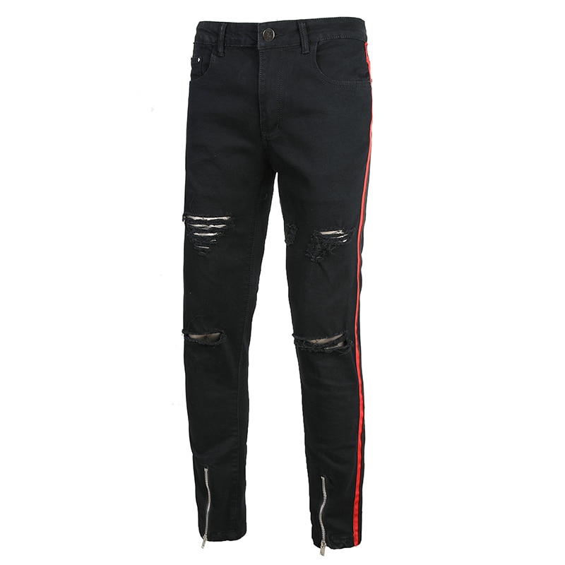 Sokotoo mænds røde sorte stribe linje patchwork rippede jeans slim fit lynlåse huller nødlidende stretch denim bukser