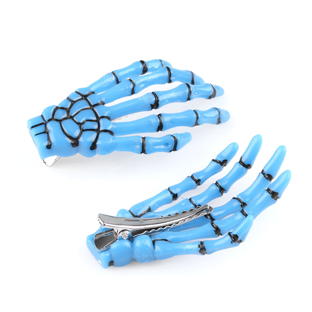Horquilla de hueso de mano de calavera para Mujer, pinzas para el cabello de esqueleto fantasma, accesorios para el cabello, 2 piezas por juego: Azul cielo