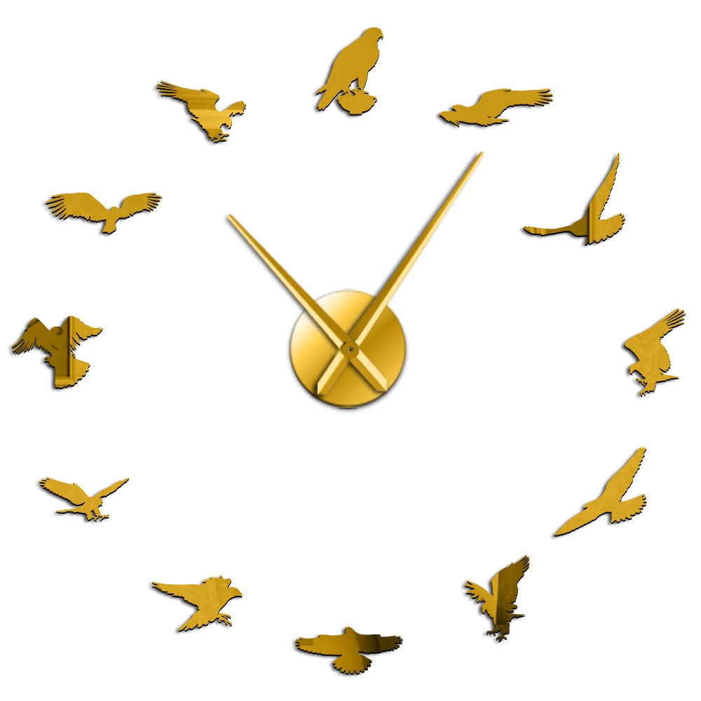 Peregrine Falcon Frameless Large Wall Clock Falconry Bird DIY Large Wall Art Mirror Stickers Home Decor for Birdwatchers: Gold / 37 Inch