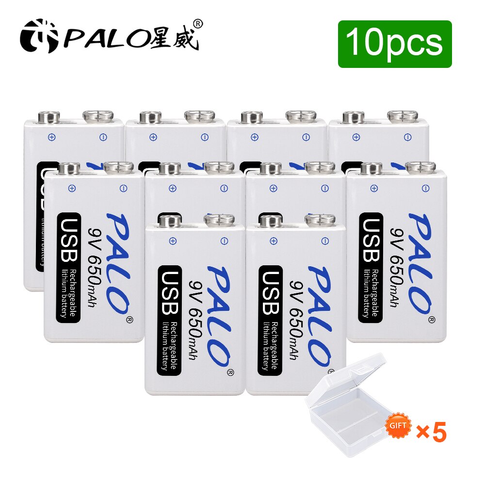 Palo 650Mah 9V Li-Ion Oplaadbare Batterij 9V Micro Usb 9V Lithium Batterijen Voor Draadloze Microfoon Gitaar speelgoed Metaaldetector: 10 pcs battery