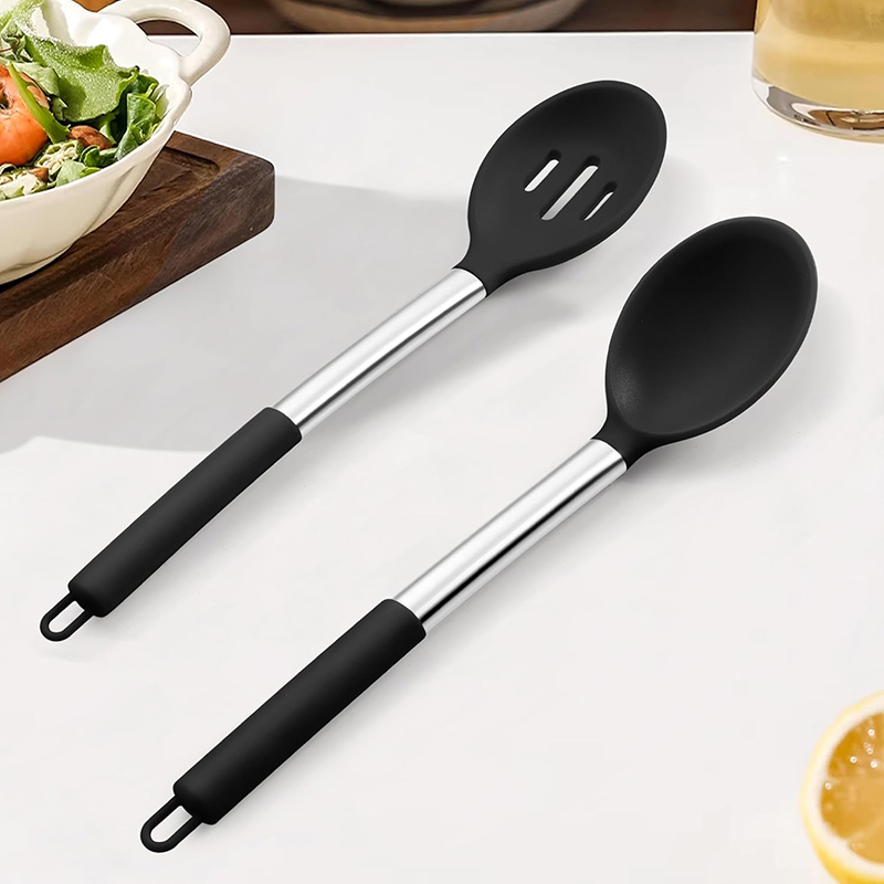 2-teiliges Silikon-Kochlöffel-Set mit Edelstahlgriff, Salat-Rührlöffel-Set, antihaftbeschichtete Kochutensilien, Küchenutensilien