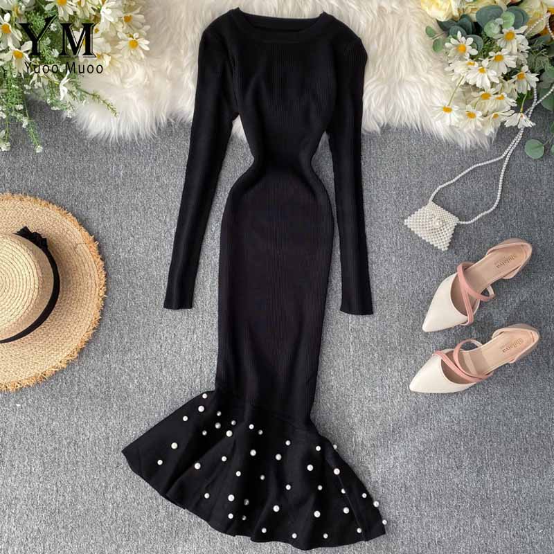 YuooMuoo nieregularne frezowanie wzburzyć syrenka midi sukienka kobiety elegancka sukienka z długimi rękawami jesień dzianiny sukienki damskie tunika: czarny