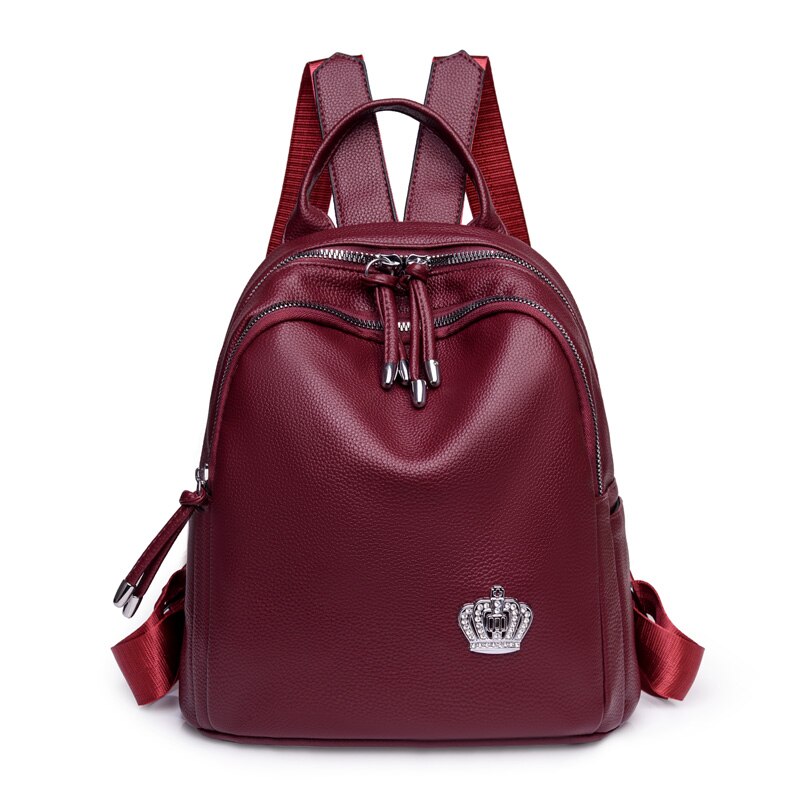 Zacht Leer Crown Decoratie Vrouwen Rugzak Effen Kleur Grote Capaciteit Mode Rugzak Vrouwelijke Casual Reizen Draagbare Bagpack: red