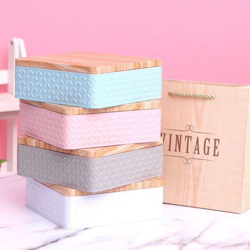 Caja de hierro de grano de madera de alta gama, caja cuadrada de Metal, embalaje de galletas, turrón de Chocolate, de dulces de Navidad, caja de almacenamiento para el hogar, 1 ud.