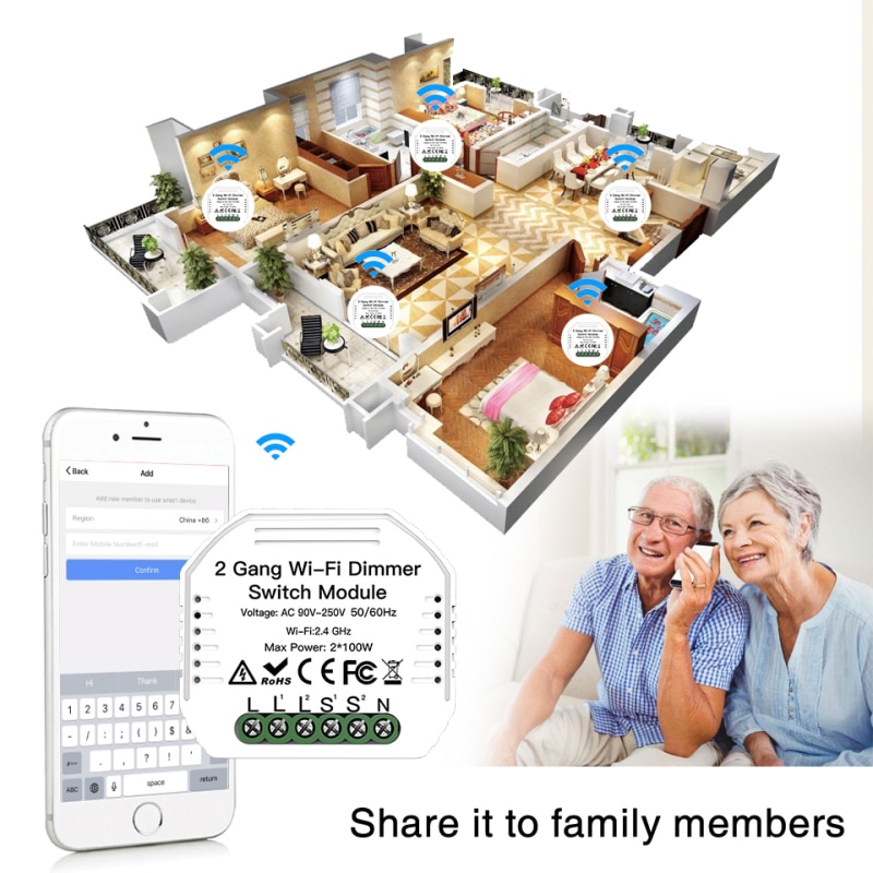 MS-105B WiFi Dimming Switch Module 2 Gang 2 Way WiFi LED Dimmer Module Light Switch Remote Control Module For Alexa/Google Home