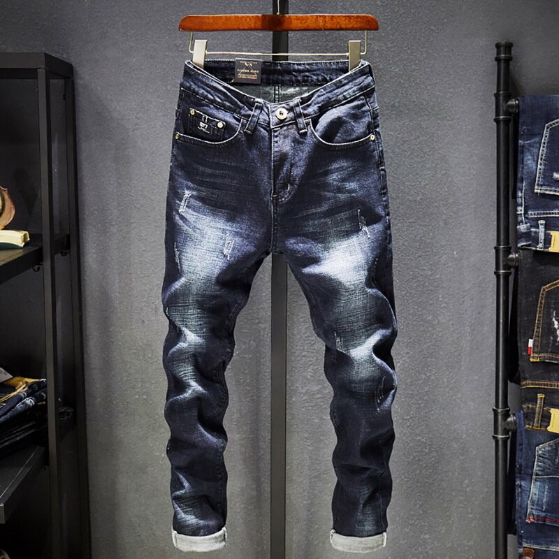 herren Jeans Löcher Ausgefranste Hiphop Zerrissene Licht Blau Dünne strecken Schlank Bein Streetwear betrübt Moto Radfahrer Jeans Männlichen Denim