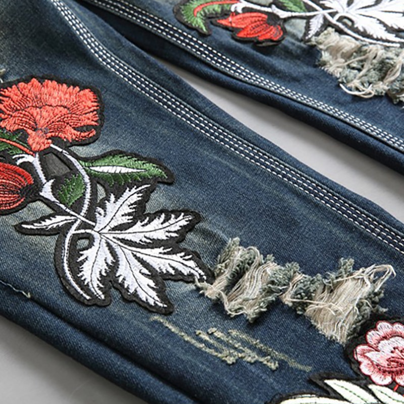 Sokotoo – jean déchiré brodé de fleurs pour homme, pantalon en denim, coupe droite slim, troué