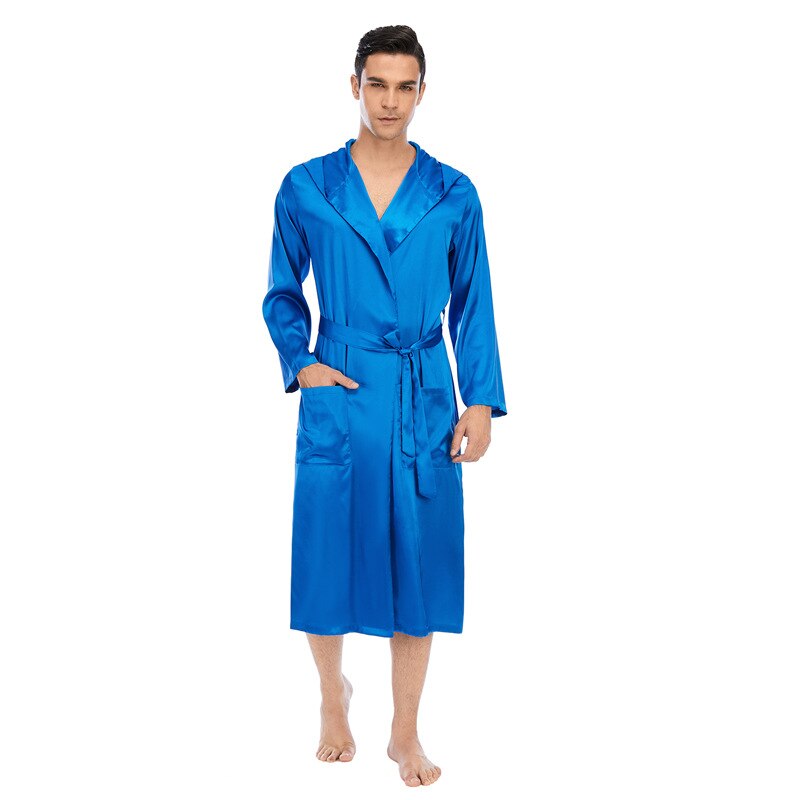 Faxu Silk Robe Male Hooded L-XXXL Nightgown With Packets Men's Bathrobe Winter Long Robe Mens Bath Robe Pajamas