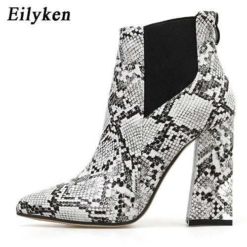 Eilyken Print Snake Pu Vrouwen Enkellaars Zip Puntschoen Schoeisel Dikke Hoge Hakken Vrouwelijke Boot Schoenen Vrouwen Slangenhuid bootie: Serpentine / 8