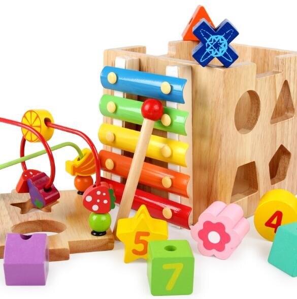 Color wooden bead beaded multi-function four-sided treasure box intelligence box early education puzzle children's toys