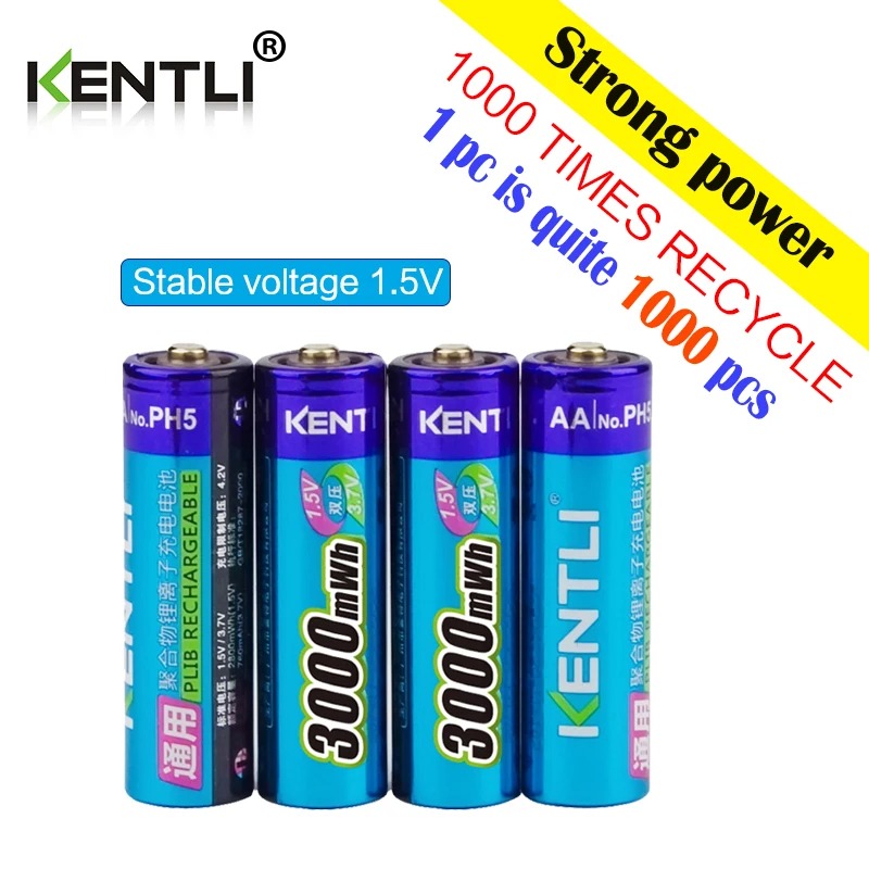Kentli 1.5v aa 3000 mwh lithium li-ion genopladeligt batteri batterier  /4 slots polymer lithium li-ion batterioplader: Sort