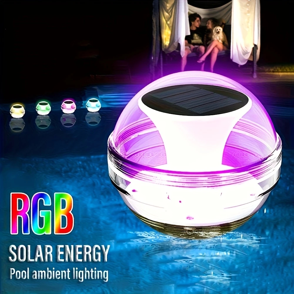 Led-solar-schwimmlampe für pools, solarbetrieben, wasserdicht, leuchtet und zeigt drei beleuchtungsmodi.