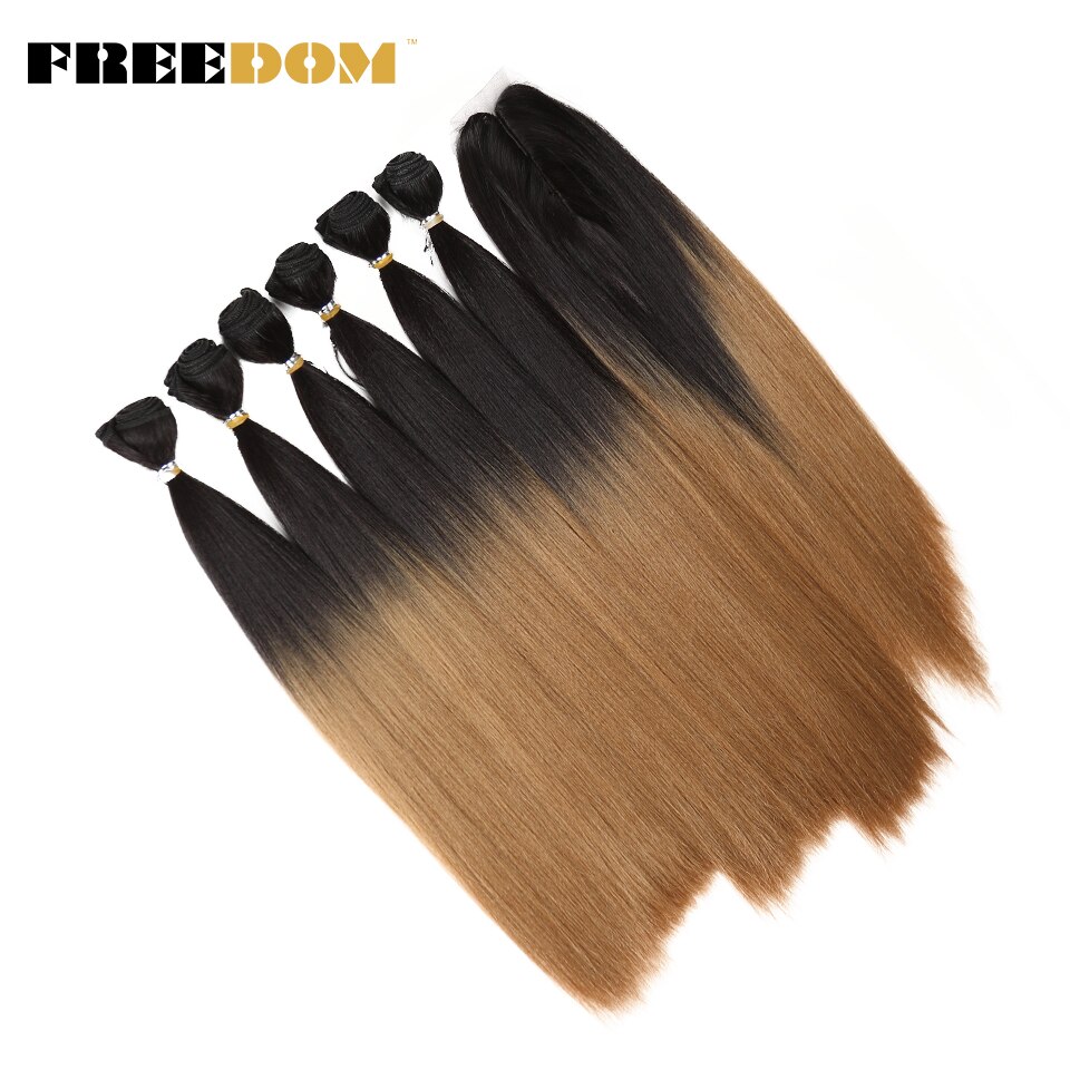 FREEDOM mèches Yaki synthétiques lisses ombrées de 16 à 20 pouces avec Closure, extensions de cheveux, lot de 7 pièces: TT4-27