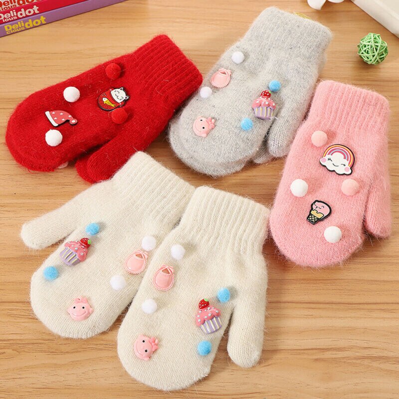 Children's Gloves Kids Boys Girls Winter Warm Cute Baby Knit Soft Gloves Kids Cartoon Candy Color Star Mitten Size 6-12Y