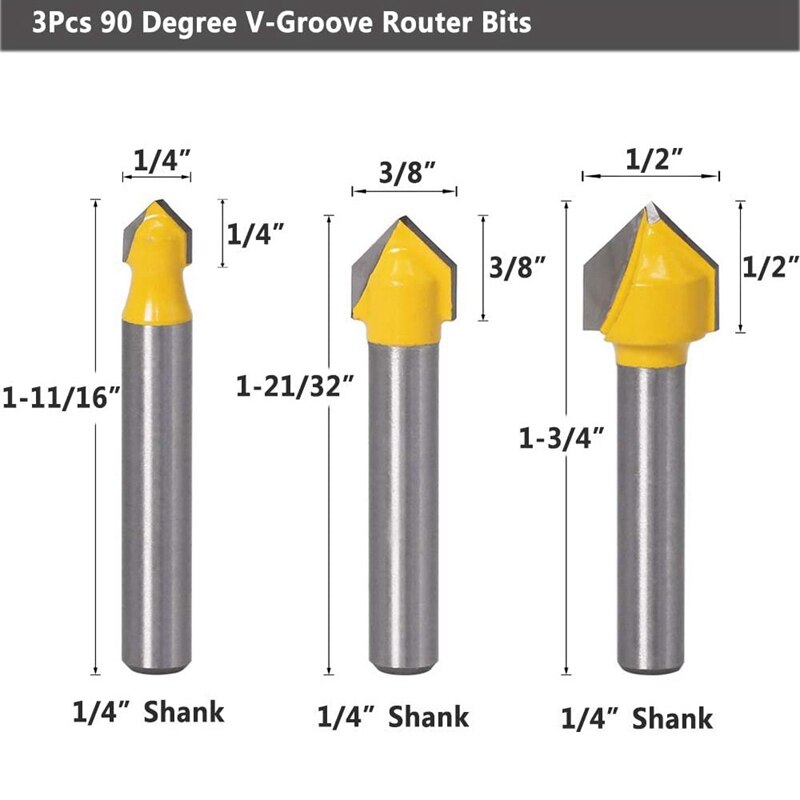 6Pcs 1/4Inch Shank Carbide 90 Degree V-Groove And Round Nose Groove Router Bit Set Lettering Engraving Cutter