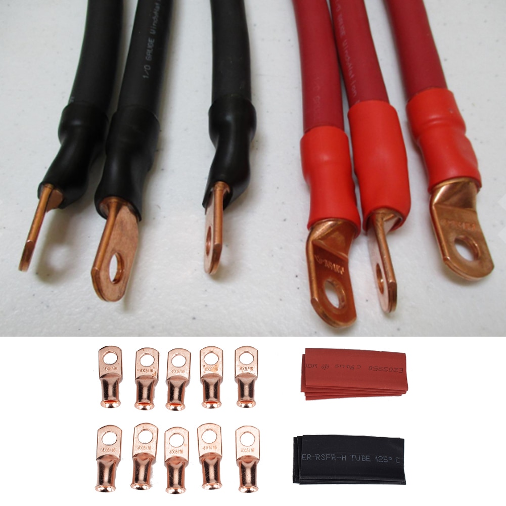 10 Set Heavy Duty Copper Battery Cable Ends Wire Lugs 4AWG 5/16 Hole with 2:1 Heat Shrink Tubes