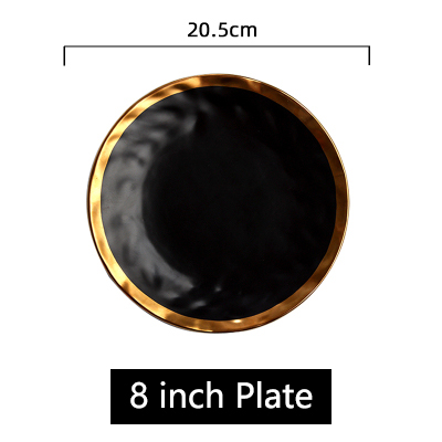 Assiettes à dîner en porcelaine mate à incrustation d'or, assiettes rondes de luxe pour mariage, fête décorative pour la maison, service de vaisselle: Black 8 inch