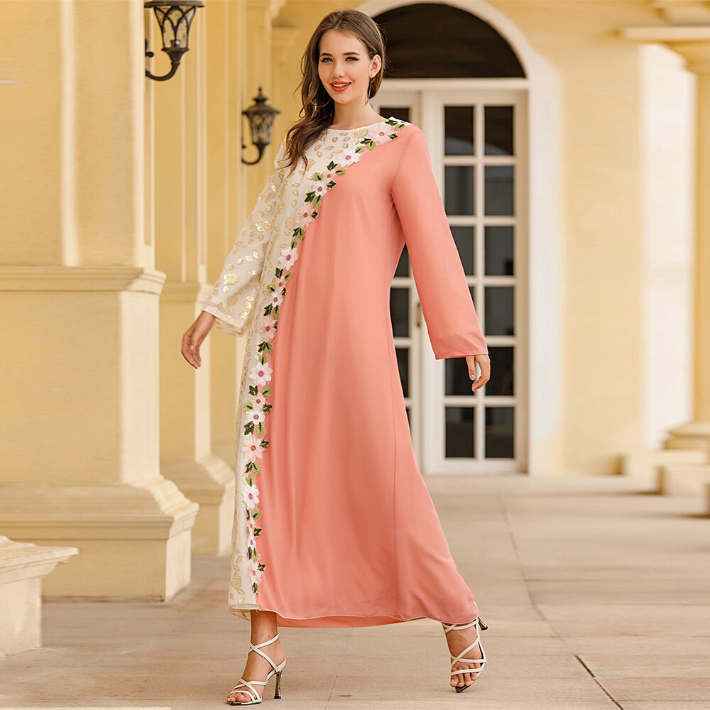 Dubai kjole beskjeden søt oransje rosa blomster broderi langermet arabiske muslimske kjoler oman uformelt abayas kaftan