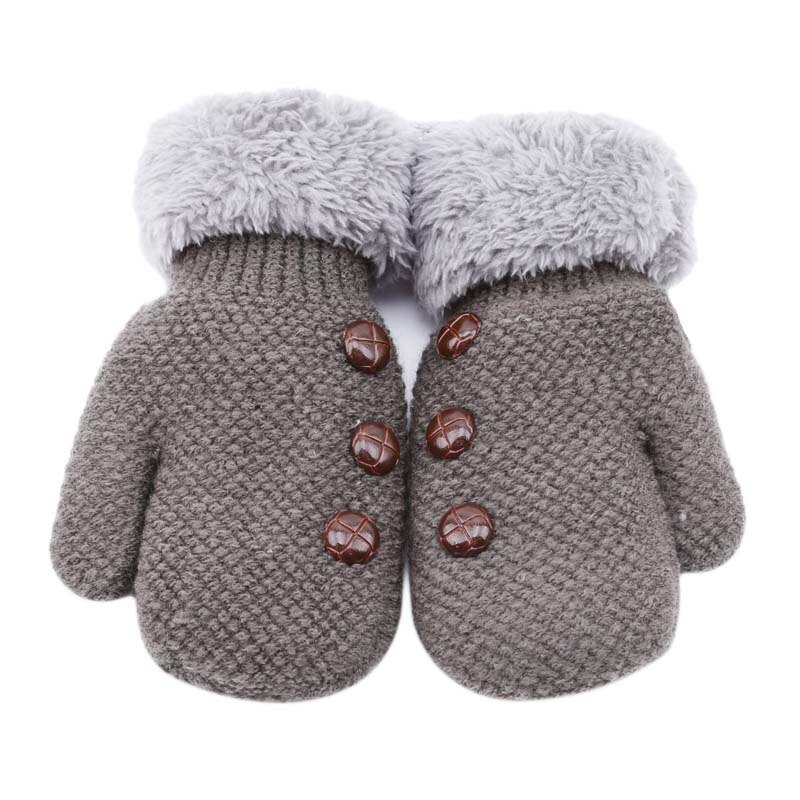 Winter Baby Boys Girls Gloves Full Finger Kids Mittens Warm Acrylic Rope Gloves Children Knitting Solid Button Mittens: gray