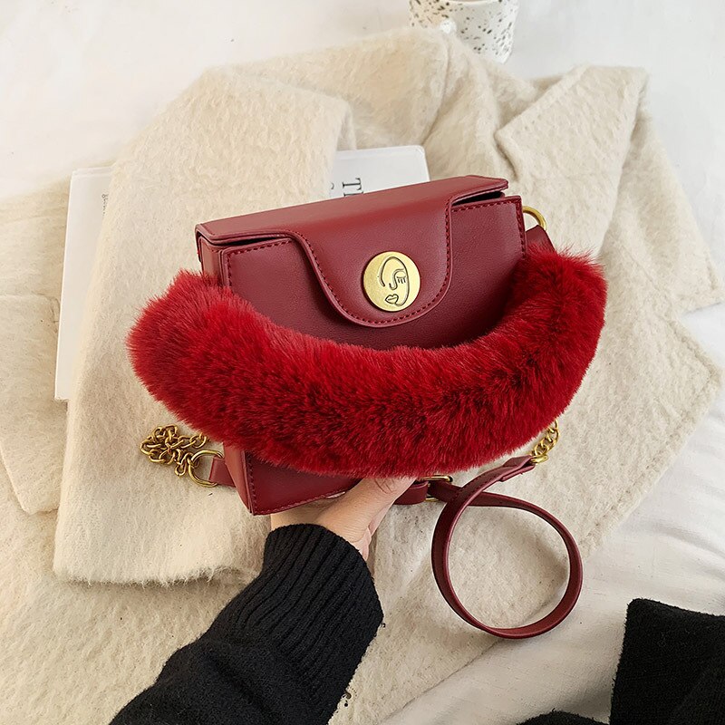 Miękki pluszowy zimowy uchwyt dużego ciężaru torba modny projektant kobiet torba na ramię wysoki sens łańcucha torba typu posłaniec rozrywka pani kopertówka: Czerwony