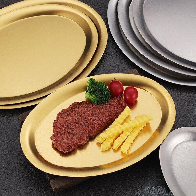304 Stainless Steel Oval Golden Grill Plates Shallow Flat Bowls Fish Dish Food Dessert Tray