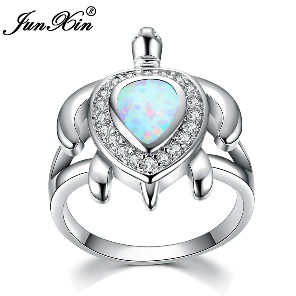 Junxin marca feminino branco fogo opala anel moda tartaruga anel de ouro cheio de jóias animais do vintage anéis de casamento para mulher