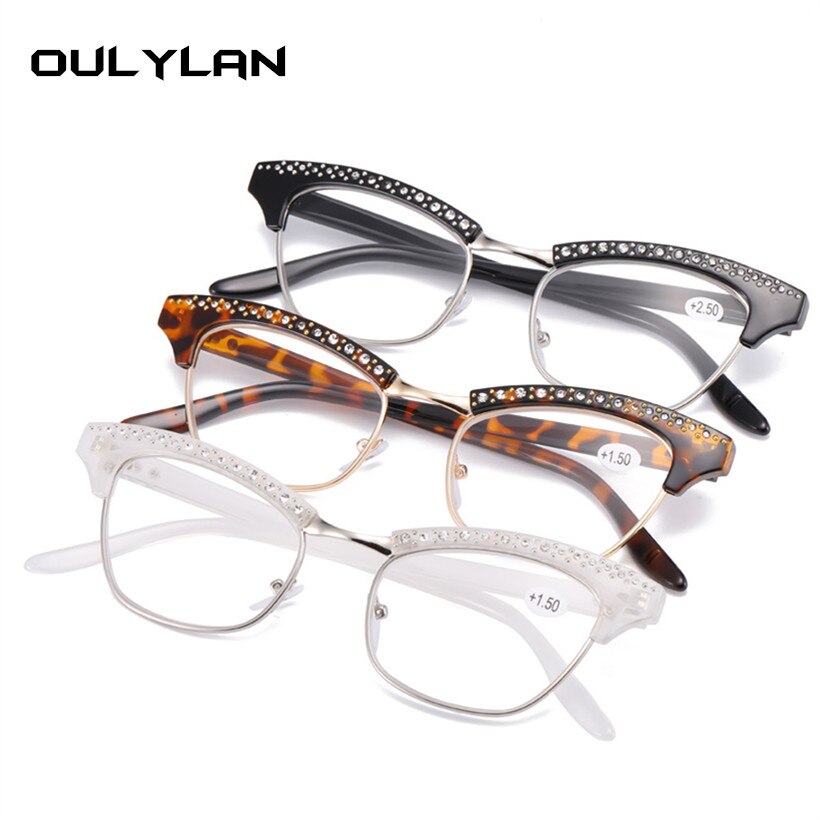 Oulylan diamond dames cat eye leesbril met harslenzen en kristallen decoratie voor dames met presbyopie