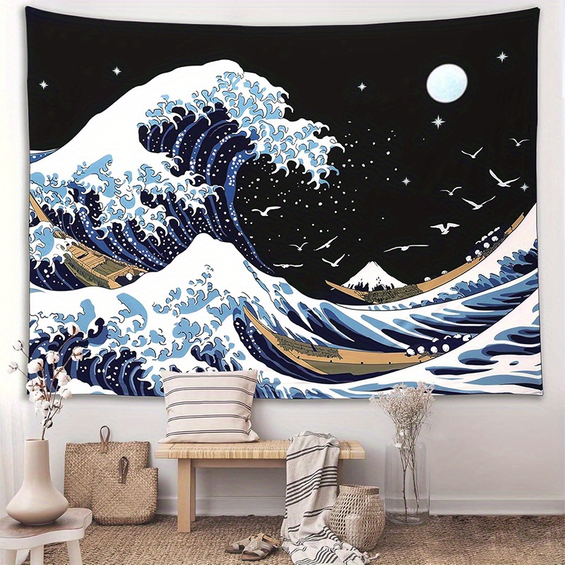 Tapiz de onda nocturna, tela de fondo, tela colgante para dormitorio, mesita de noche, tela decorativa para pared, tapiz para dormitorio de alquiler