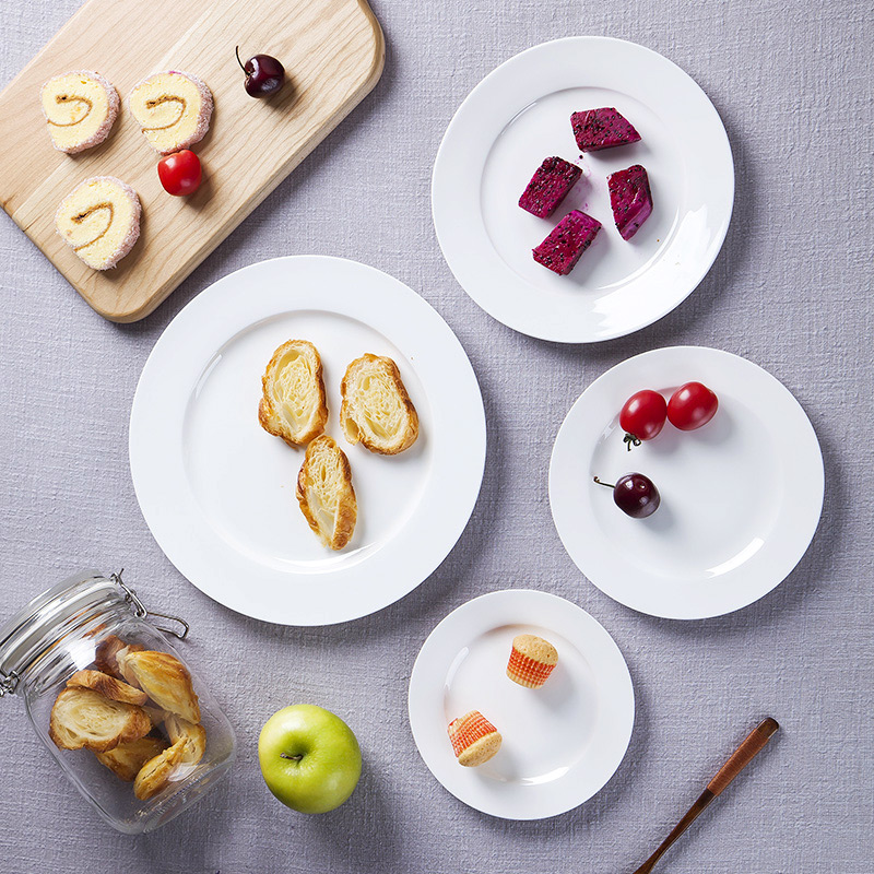 Pure White Bone China Plate Ceramic Flat Plate Shallow Dish Household Hotel Supplies Steak Pasta Plate Round Tableware