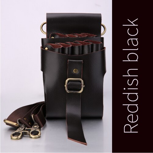 Fenicehigh gesp retro leren etui kapperssalon holster tas stylingtools tas voor 9 haarscharen: Roodachtig zwart