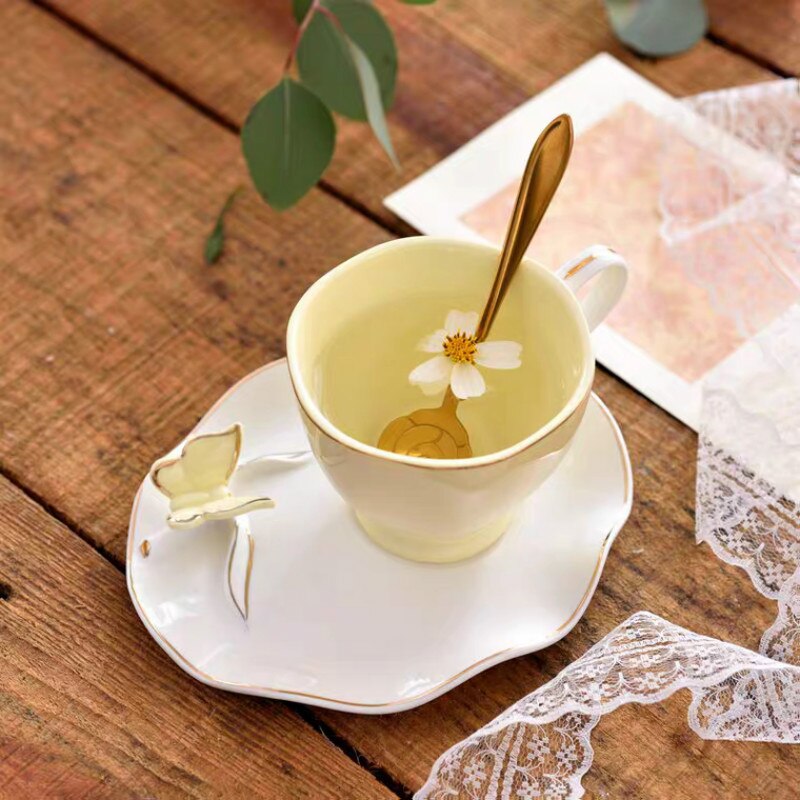 Juego de taza y platillo de café con forma de mariposa para el hogar, juego de tazas de té de la tarde en inglés, 200ml, ,