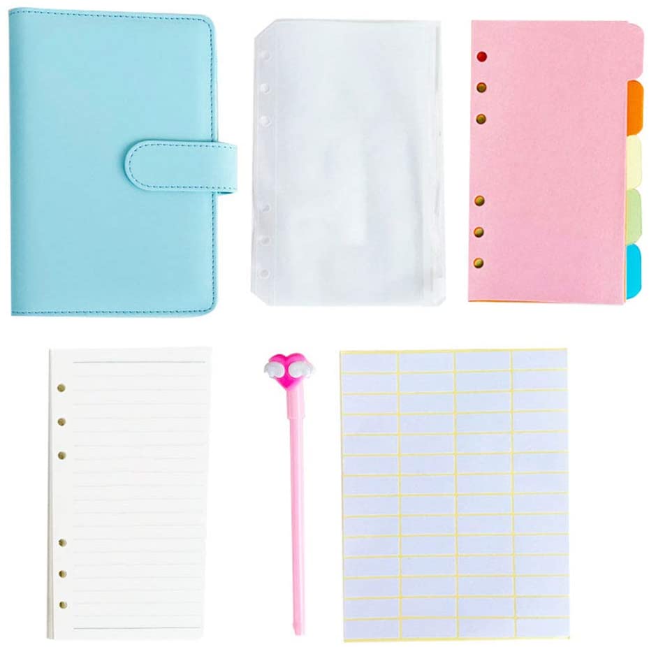 A6 Leather Notebook Binder with Plastic Binder Pockets, Refillable 6 Round Ring A6 Personal Planner Binder Cover with Stickers