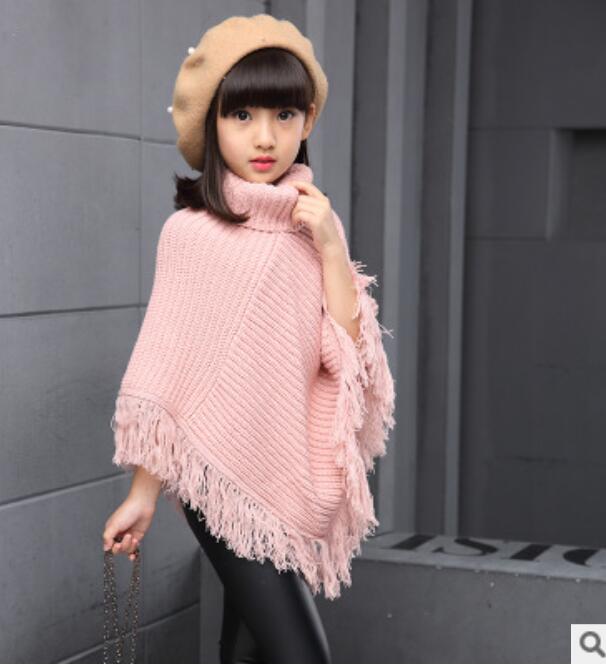 Poncho sjal kappe wrap cape til børn pige kvast rullekrave sweater strik baby børn outwear varm frakke kappe og jakker: Lyserød / 8t