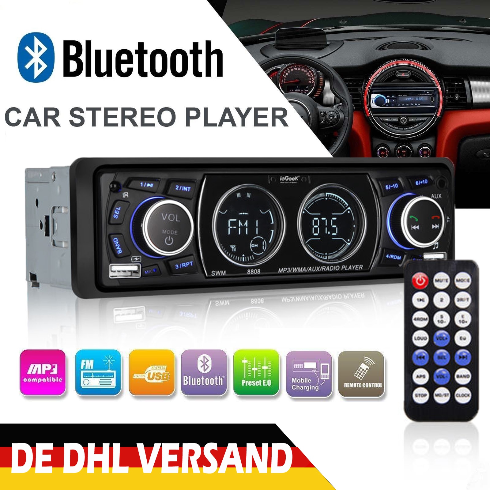 12V Car Radio Bluetooth MP3 Player LCD Screen Stereo Car Audio Player FM USB/SD/AUX-IN Phone Charging 1DIN