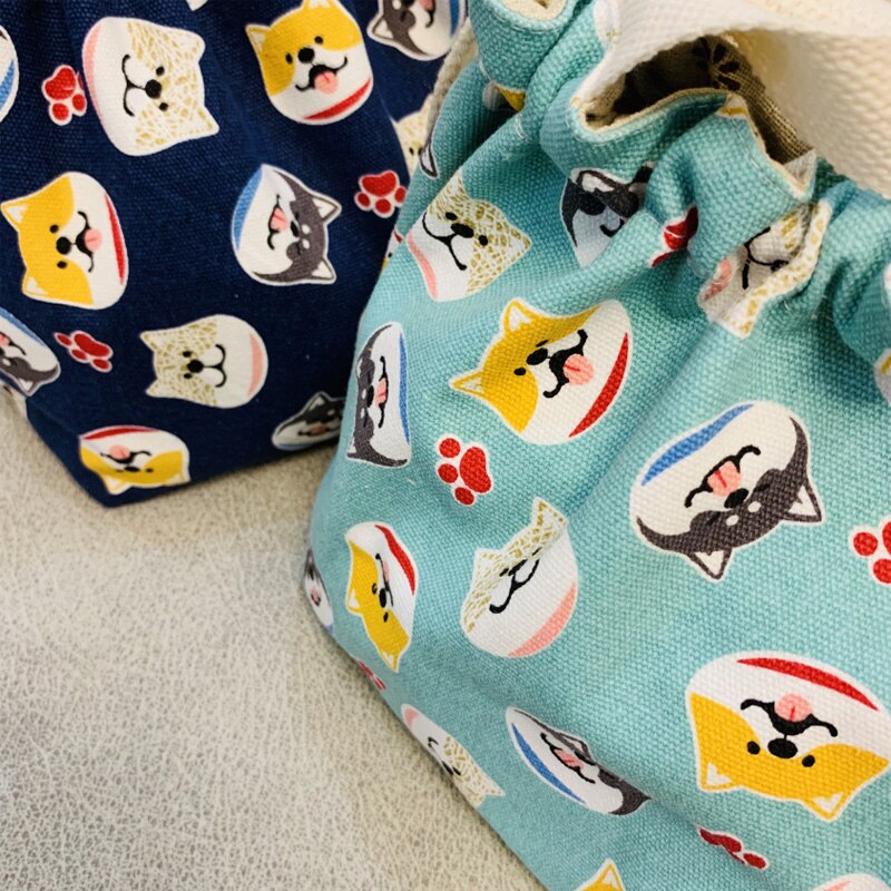 Japanse lunchbox tas cartoon schattige bedrukte canvas stof trekkoord werkende lunchtas