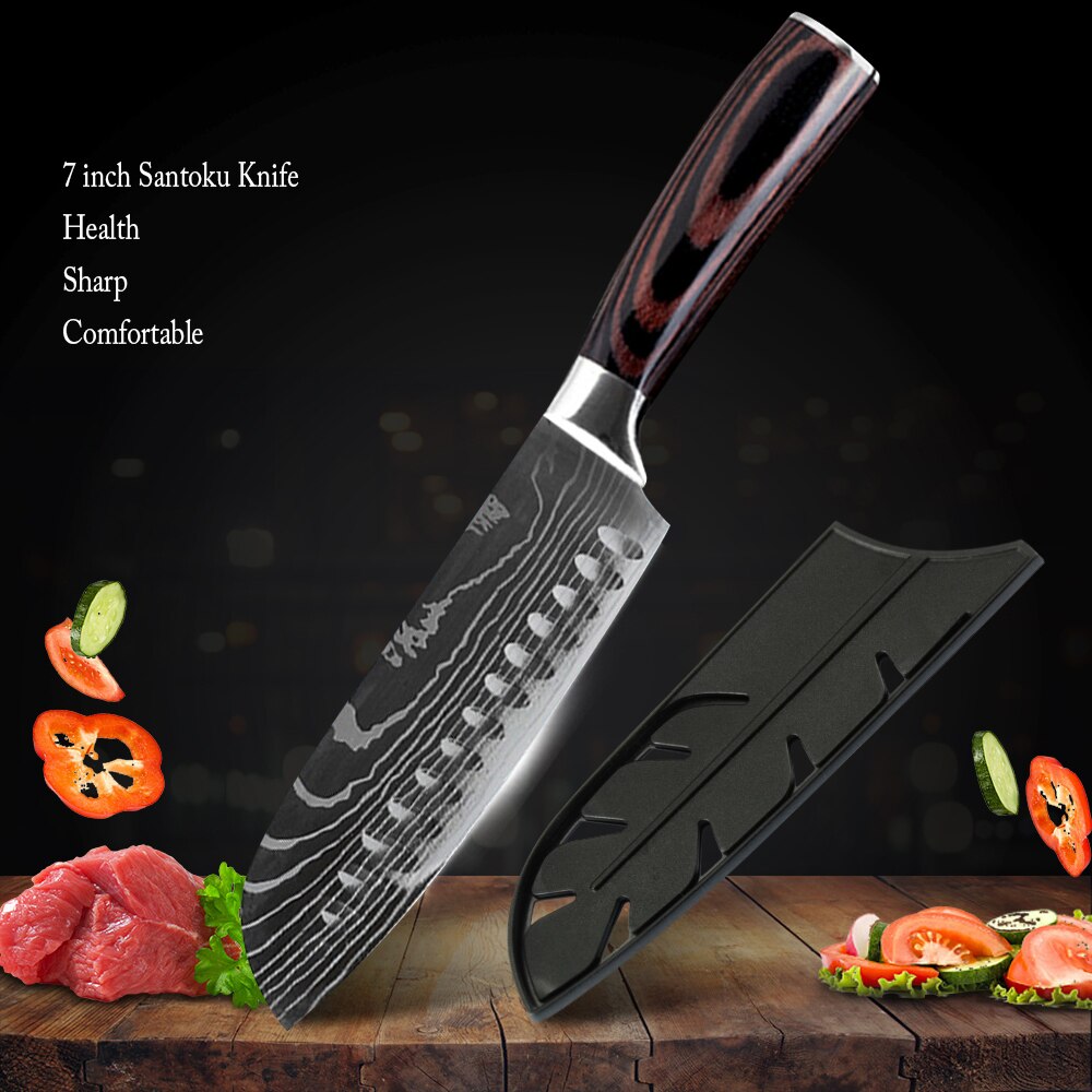Stainless Steel Chef Knife Set with Knife Cover Case Sheath 8 Pcs Cleaver Slicing Damascus Veins Survive Kitchen Knives Set: 7 in Santoku knife