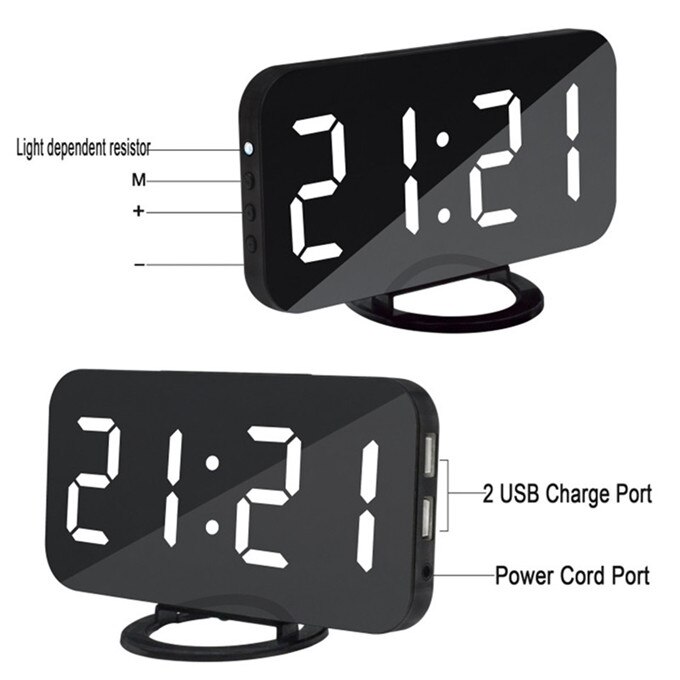 Simple Modern Mirrored Electronic Snooze Alarm Clock Multifunction Art Digital Display Wall Clock with Two Phone USB Charge Port: 01