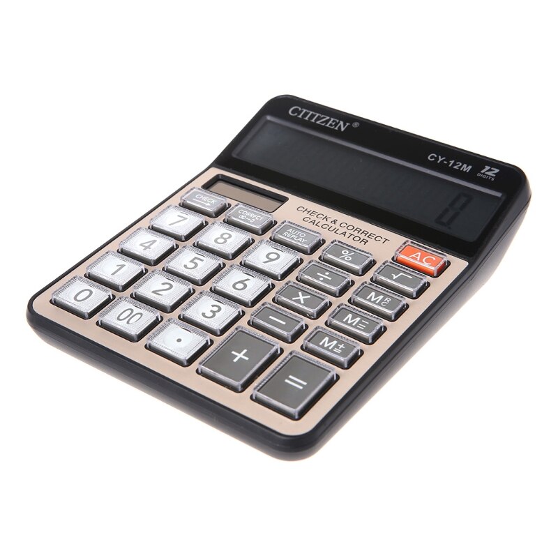 12-Digits Large Display Electronic Calculator Solar Battery Two-Way Power CY-12M