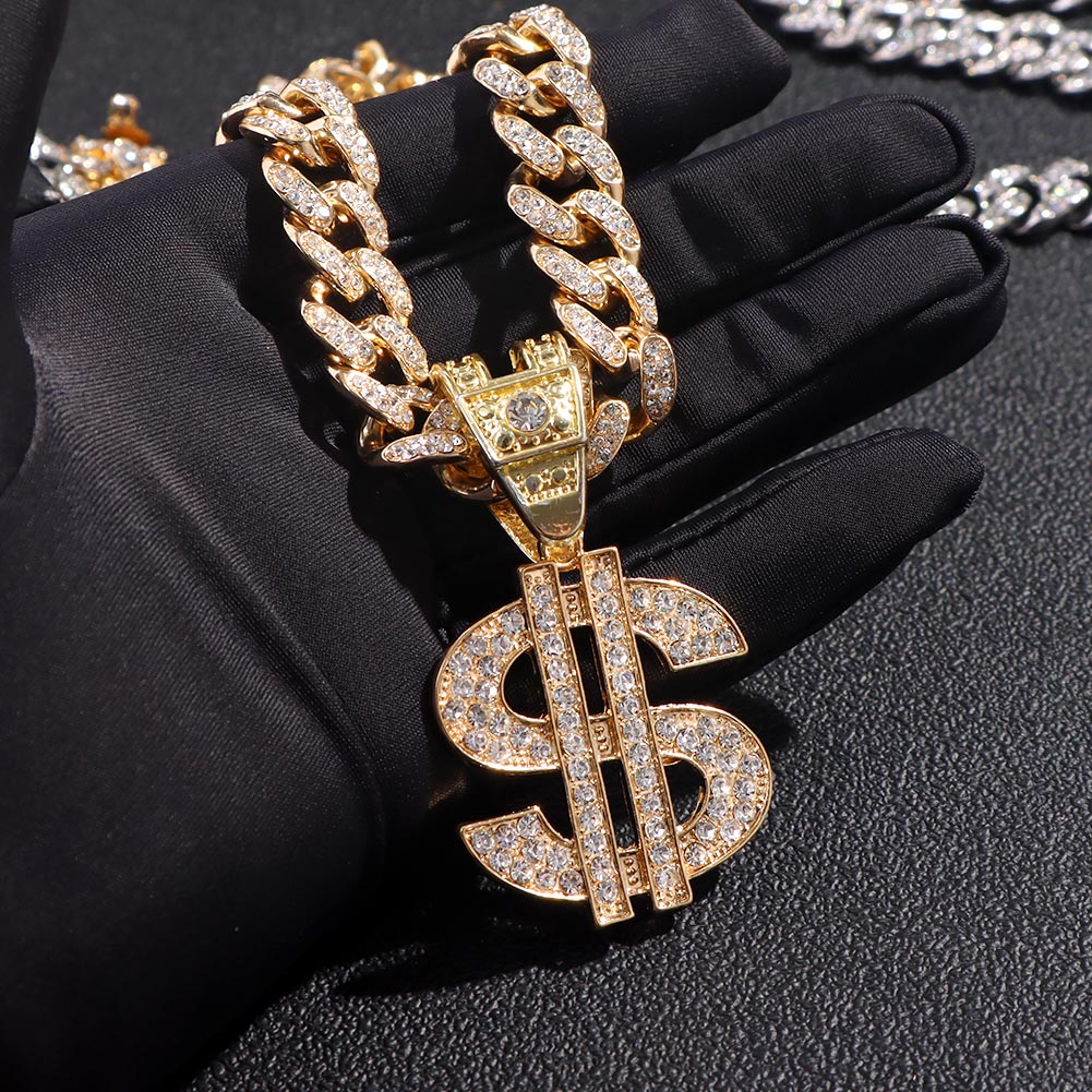 Men Women Hip Hop Big Dollar Pendant Necklace 13mm Miami Cuban Link Choker Chain Necklaces Bling Bling Charm Statement Jewellery